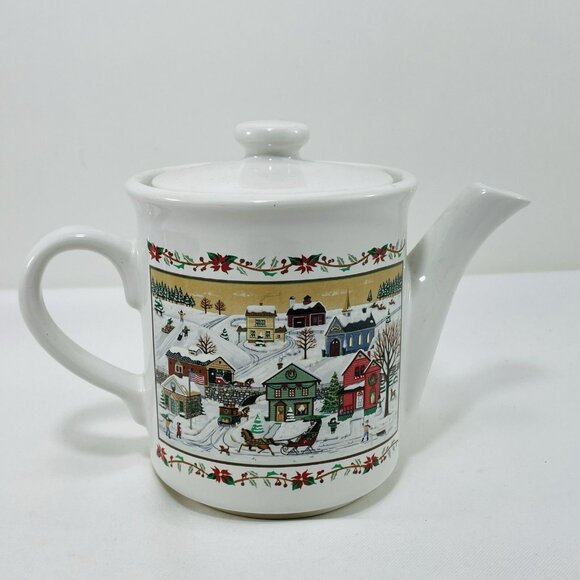 Vintage Russ Christmas Teapot Pot Jug Jar Pitcher Village Town Snow Winter 9690 - Picture 2 of 12